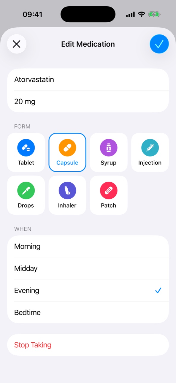 Editing a medication: name, dose, a grid of medicine forms with icons, and times of day.